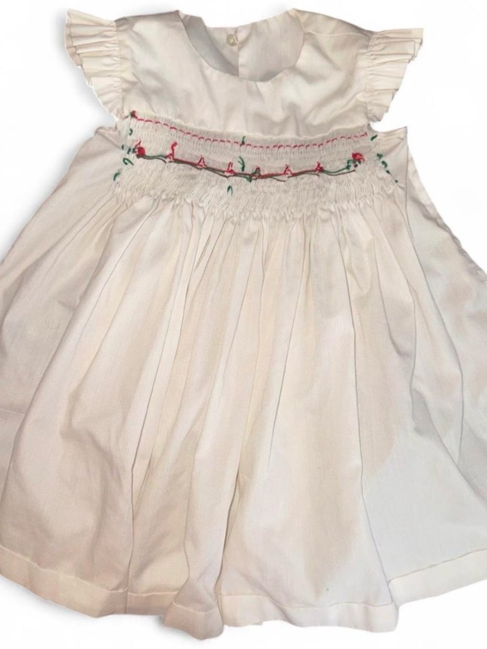Vintage Hand-Smocked Baby Dress White with Holly & Berries Motif